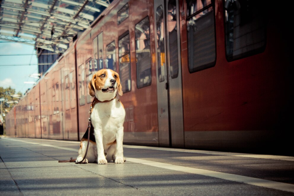 Hund im Urlaub vor einem Zug der Deutschen Bahn