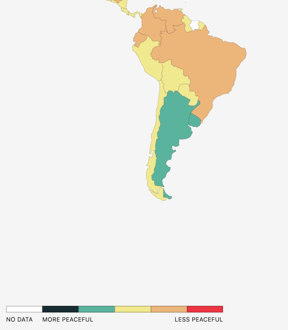 Südamerika auf der Karte des Global Peace Indexes 2024 (Ausschnitt)