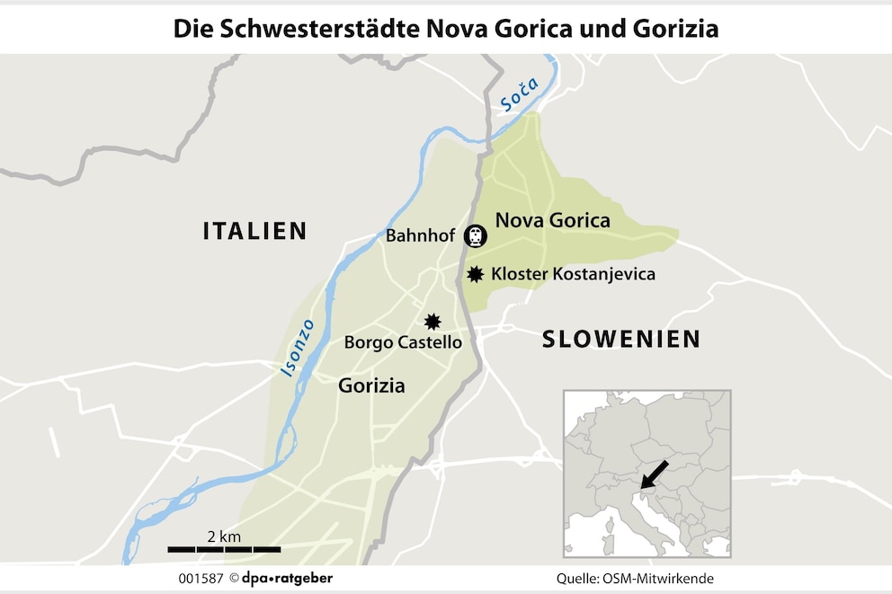 Nova Gorica liegt im Westen Sloweniens direkt an der Grenze, die die Stadt vom italienischen Gorizia trennt.