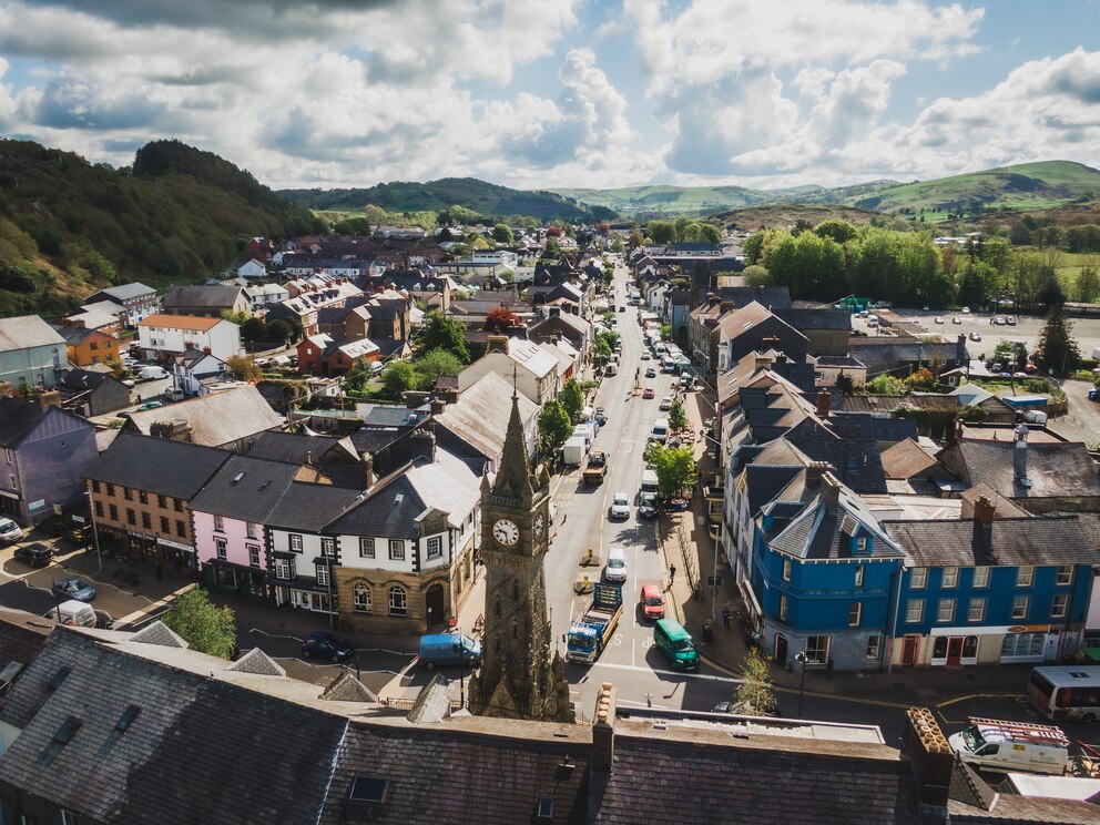 Machynlleth von oben, Mittelwales