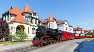 Der Dampfzug „Molli" der Bäderbahn fährt durch Bad Doberan