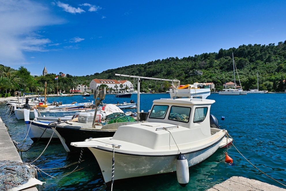 Boote liegen im kleinen Hafen von Šipanska Luka