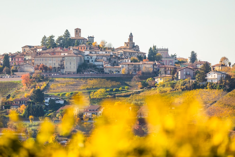 Überall auf den Hügeln in der Weinregion Langhe erheben sich hübsche Dörfer und kleine Städte