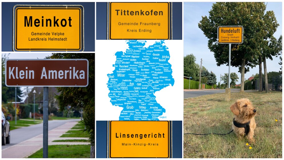Die Karte in der Mitte (im Text auch zum Vergrößern) zeigt, wie viele lustige und skurrile Ortsnamen es in Deutschland gibt