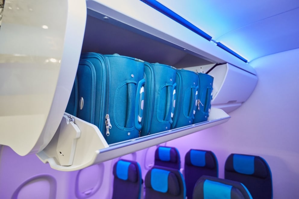 Overhead bin with suitcases in an Airbus