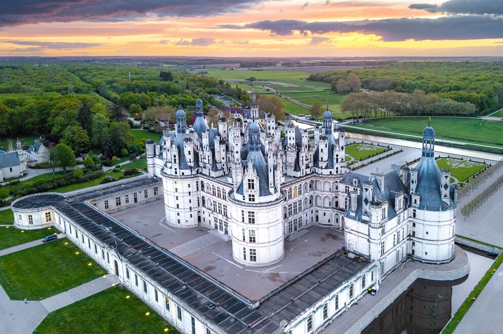 Aerial view of Chambord Castle and its surroundings