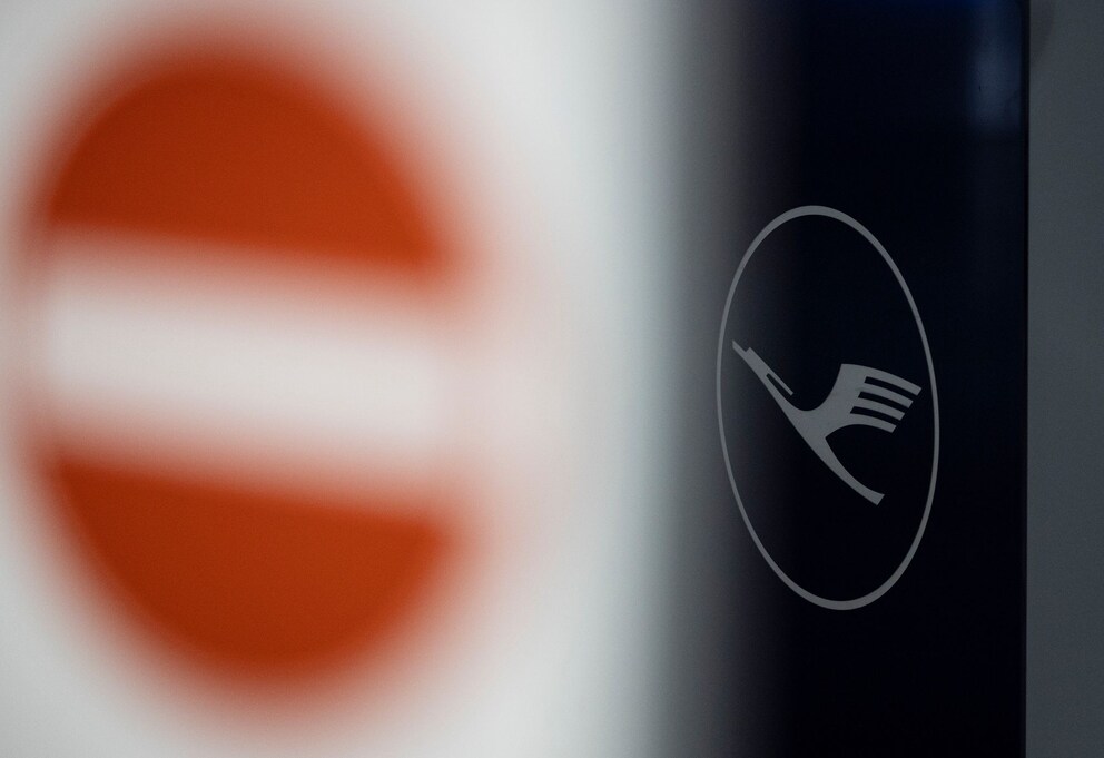 View of a Lufthansa logo at Frankfurt Airport