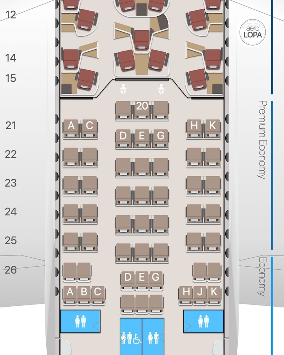 Auf dieser Sitzplatzkarte des neuen Airbus A350-900 von Swiss kann man gut erkennen: Direkt hinter der Premium Economy befinden sich zwei isolierte Economy-Reihen