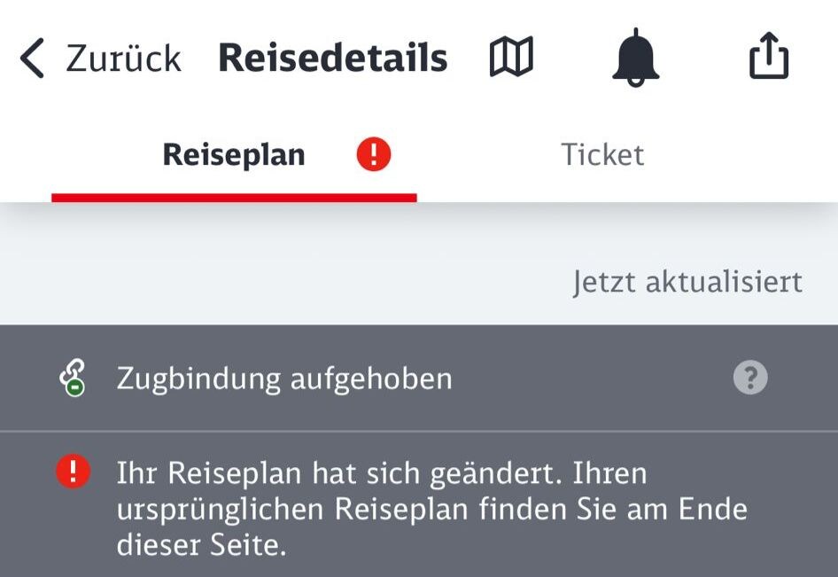 Notice of 'train-specific ticket restriction lifted' in the DB Navigator app