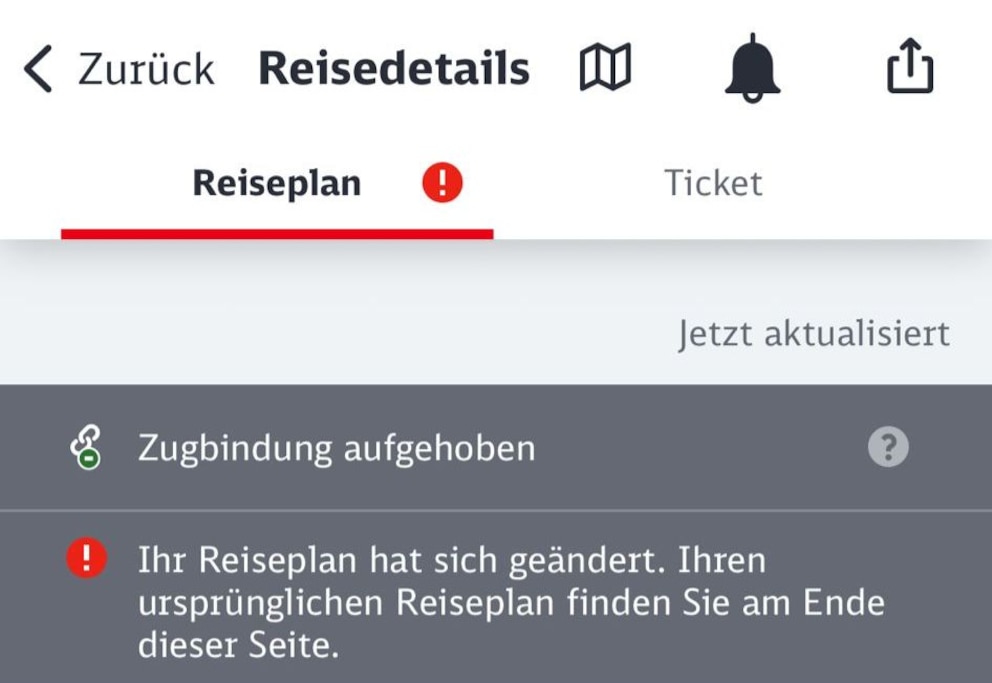 &bdquo;Zugbindung aufgehoben&ldquo;-Hinweis i der DB-Navigator-App
