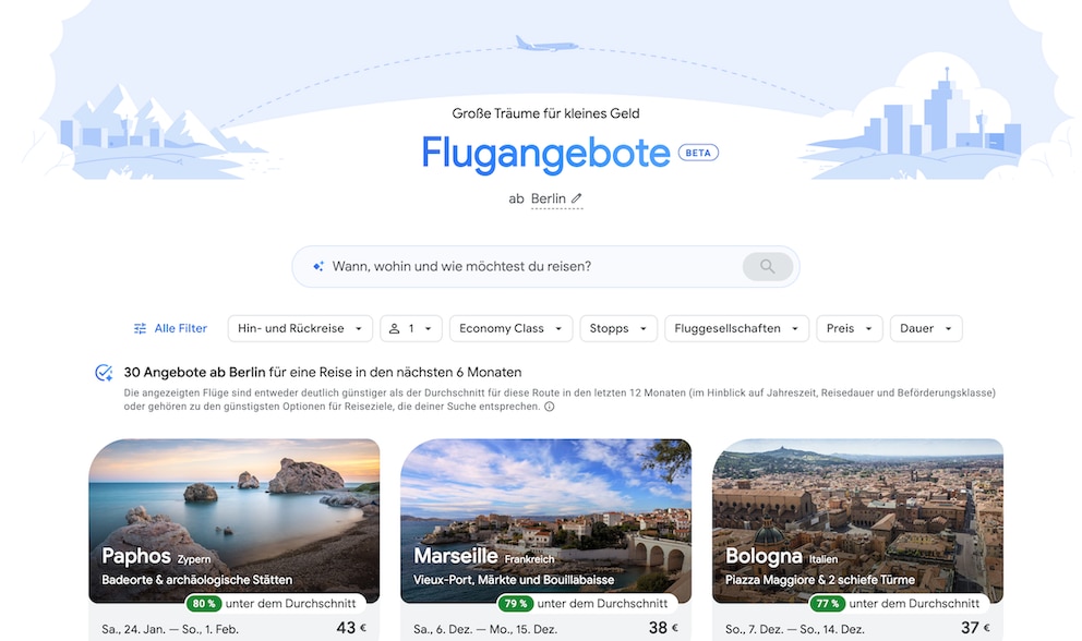 Flight Deals bzw. Flugangebote ist jetzt auch in Deutschland verf&uuml;gbar