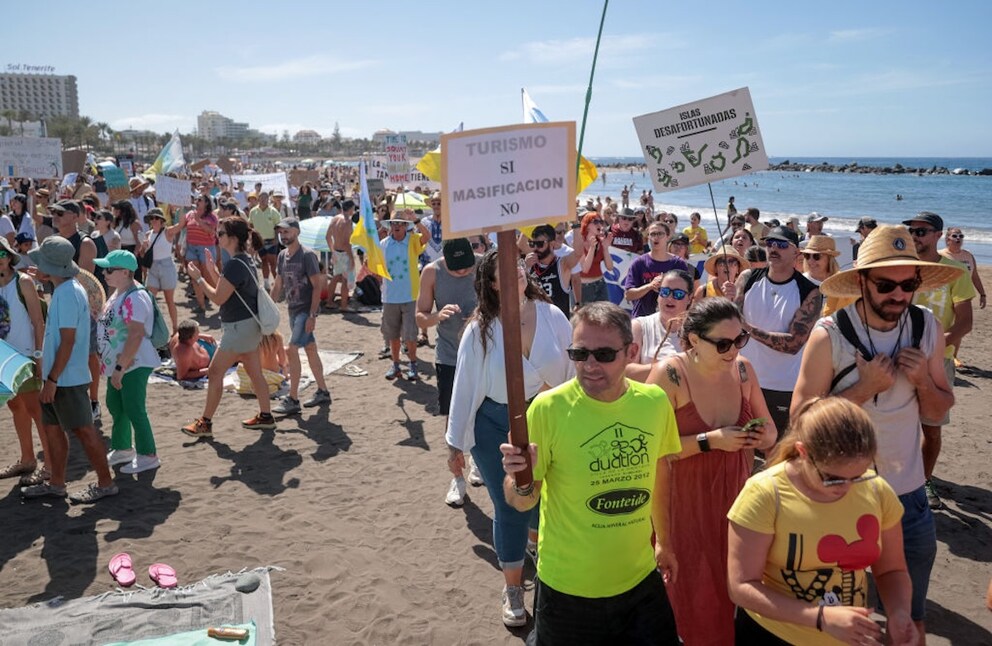 Protesters on the beach of Tenerife