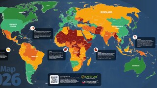 Die Risk Map 2026 der Unternehmen Safeture und Riskline zeigt, wo es auf der Welt sicherer und wo es gefährlicher ist