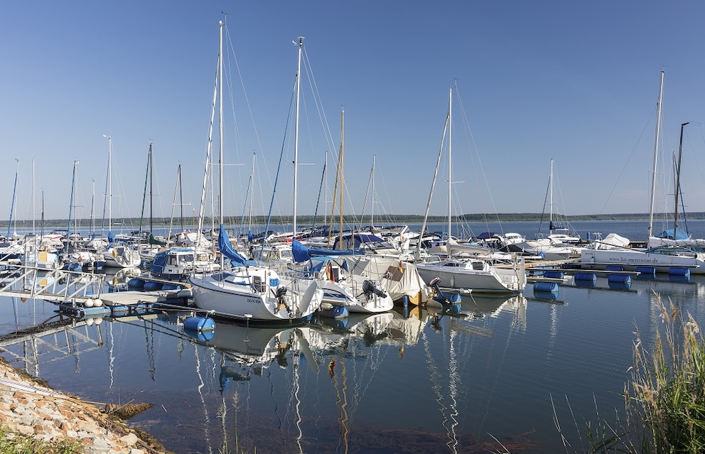 Boote liegen am Ufer des Geierswalder Sees vor Anker. Der Wassersport soll die Region schon bald so beliebt machen wie den Spreewald
