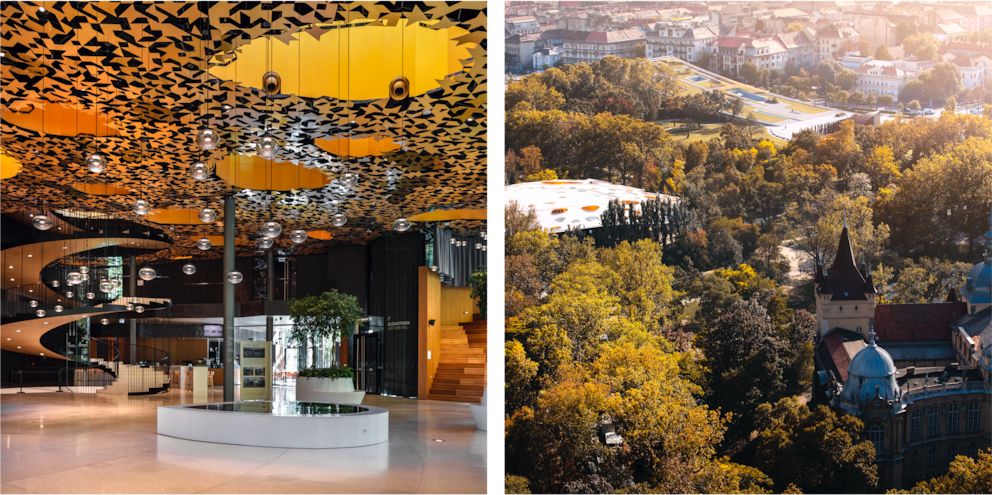 Das House of Music zeigt sich innen als moderner Erlebnisraum und von oben als architektonischer Akzent mitten im Park