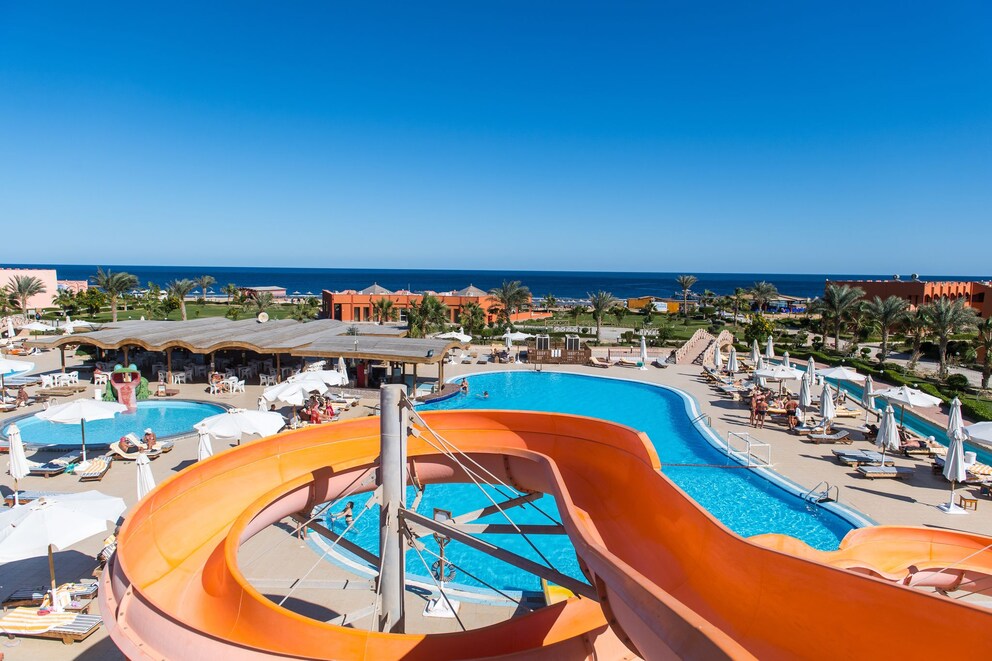 Water slide and pool of a hotel complex