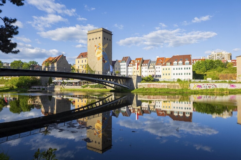 View of the Polish side with the city of Zgorzelec and pedestrian bridge