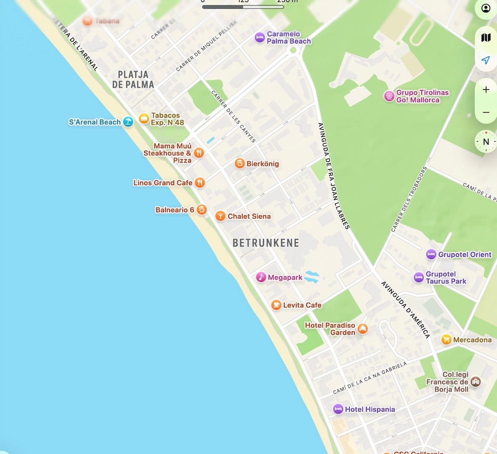 Gut zu sehen: El Arenal hei&szlig;t hier jetzt &bdquo;Betrunkene&ldquo;