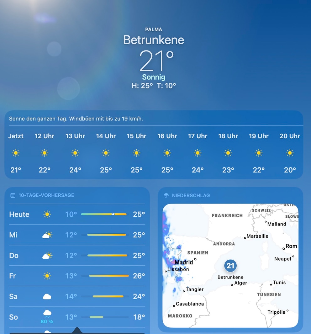 F&uuml;r &bdquo;Betrunkene&ldquo; gibt es nat&uuml;rlich auch das passende Wetter in der App