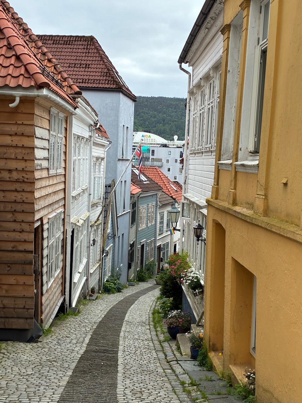 Cruise ship between old town houses in Bergen, Norway