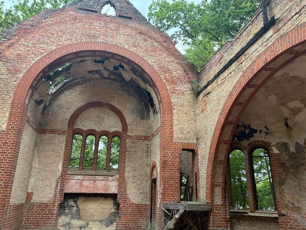 The remains of the church destroyed by arson on the grounds of the Grabowsee Sanatorium