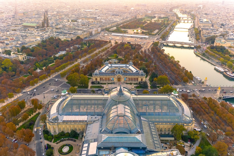 Aerial Paris Grand and Petit Palais Along the Seine