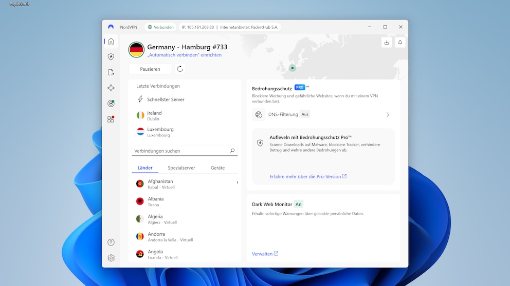 Die frühere Weltkarte spielt in der neuen NordVPN Oberfläche keine Rolle mehr. Stattdessen stehen detailliertere Infos im Fokus. Den gewünschten Standort oder Spezialserver wählen Sie über die Seitenleiste aus.