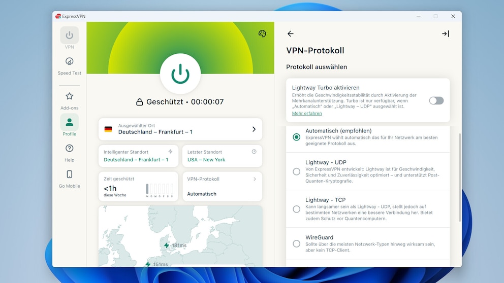 ExpressVPN hat die Programmoberfläche grundlegend überarbeitet. Wichtige Funktionen wie die Wahl das VPN-Protokolls sind nur noch einen Mausklick entfernt.