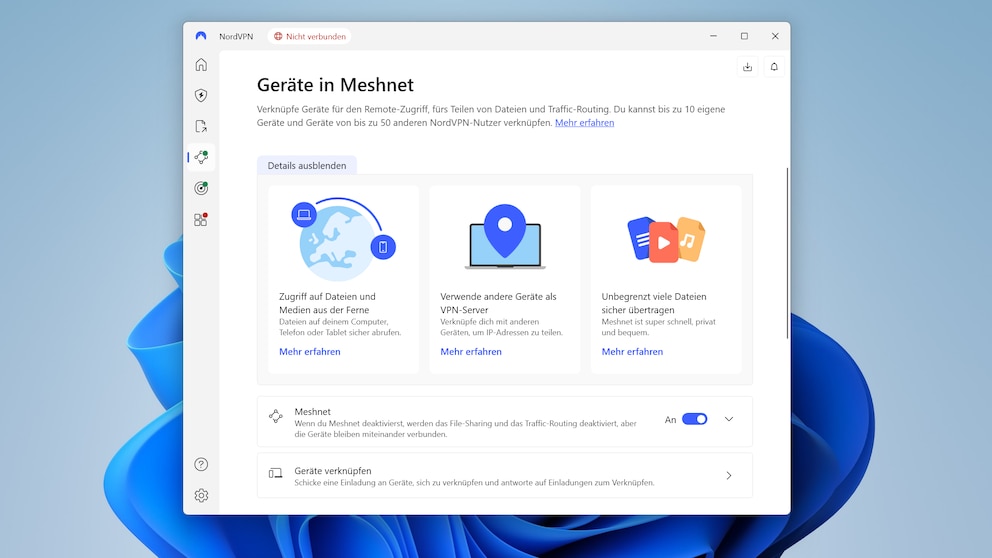 Mit Meshnet führt NordVPN eine spannende Innovation ein. Damit richten Sie verschlüsselte Direktverbindungen zwischen zwei oder mehreren Geräten ein, ganz ohne den Umweg über einen klassischen VPN-Server des Anbieters.