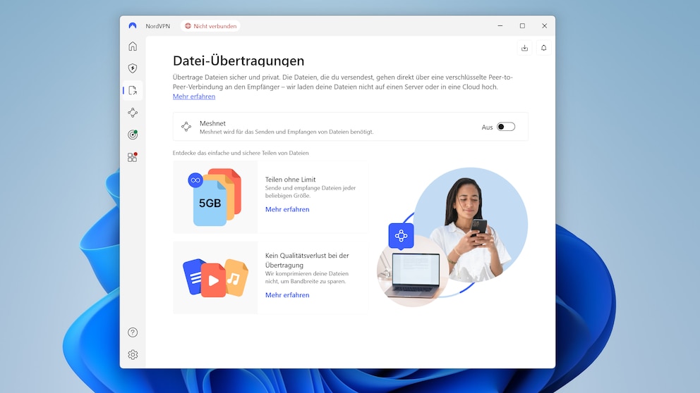 Ein besonderes Highlight ist Meshnet, das sich flexibel nutzen lässt: Damit können beispielsweise Dateien verschlüsselt und sicher von einem Gerät direkt auf ein anderes übertragen werden, ohne den Umweg über einen VPN-Server.