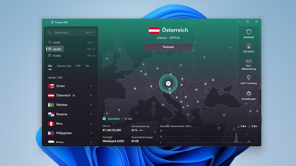 Vorbildliche Nutzerführung: Schick und aufgeräumt präsentiert Proton VPN die wichtigsten Funktionen auf seiner neu gestalteten Oberfläche.