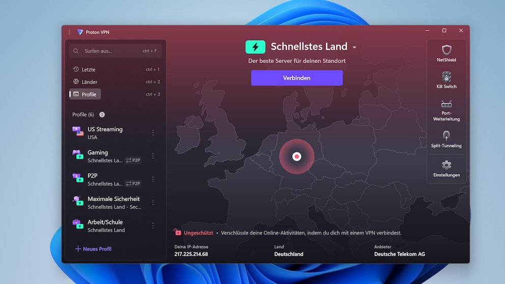 Mit Proton VPN lassen sich individuelle Verbindungsprofile anlegen, zum Beispiel speziell für US-Streaming oder für berufliche Zwecke.