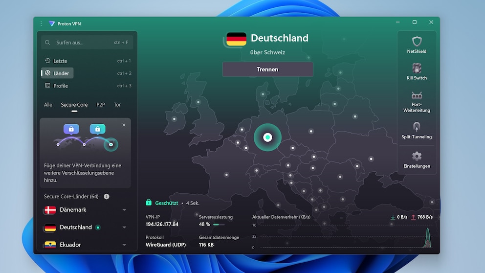 Eine große Server-Armada zu betreiben ist das eine, aber genauso wichtig ist die Zahl der Länder, in denen der VPN-Anbieter (hier Proton VPN) weltweit vertreten ist.