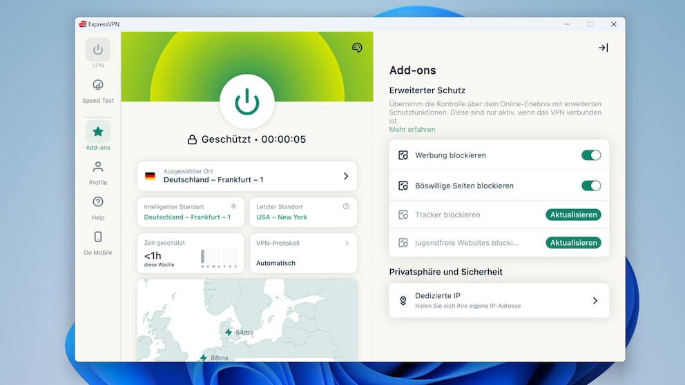 Im Basic-Tarif sind ein Werbeblocker und Schutz vor bösartigen Websites enthalten. Für zusätzliche Funktionen wie Tracking-Schutz ist ein höherer Tarif nötig.