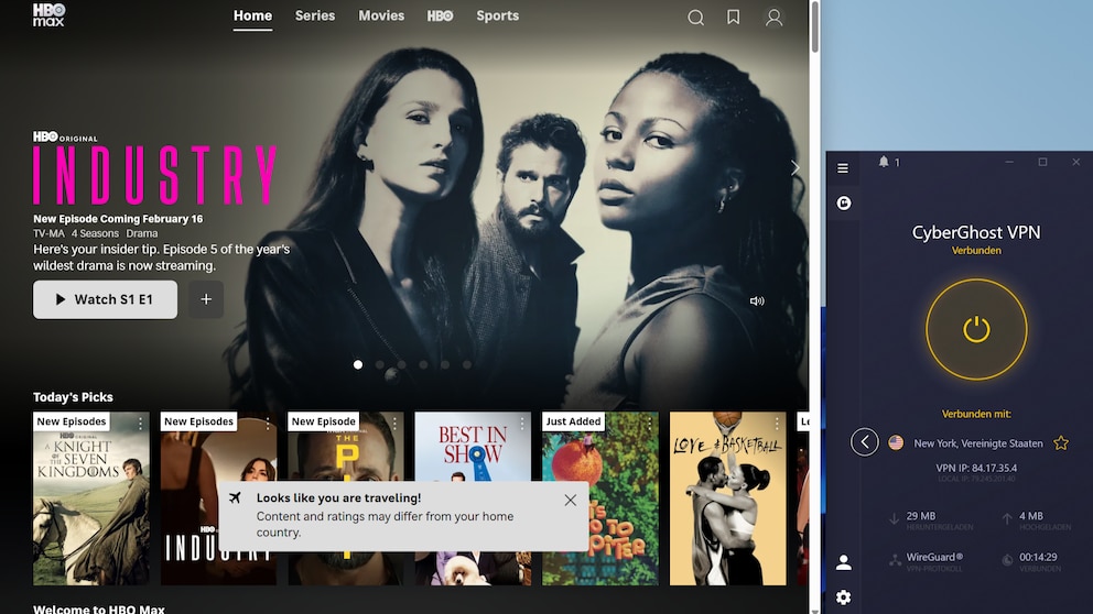 Neben Disney Plus und Netflix entsperrt CyberGhost VPN auch HBO Max USA, wo die Auswahl an Streaming-Titeln größer ist als in Deutschland.