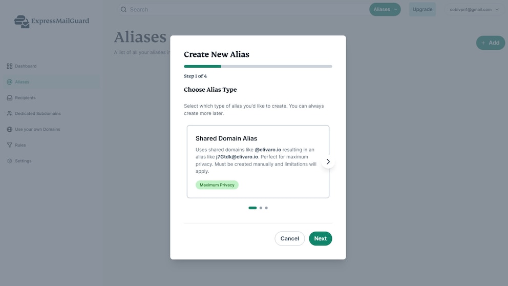 ExpressMailGuard: Der Dienst führt Schritt für Schritt durch die Einrichtung der Alias-E-Mail, bislang allerdings nur auf Englisch.