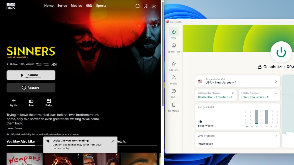 Die US-Mediathek von HBO Max ist deutlich größer als das deutsche Angebot. Im Test ließ sie sich mit ExpressVPN sofort aufrufen.