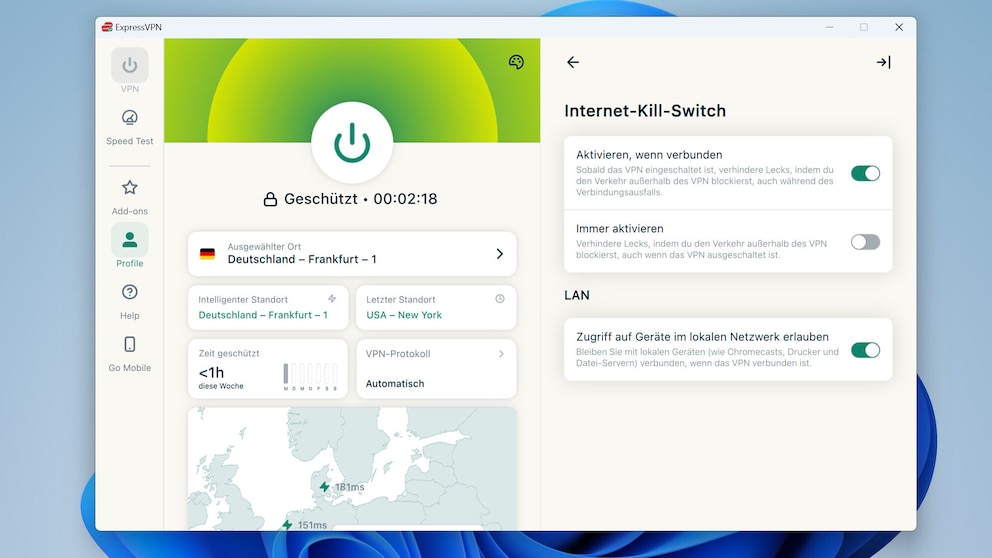 Der Kill Switch von ExpressVPN arbeitet inzwischen mehrstufig. Neben der Standardfunktion gibt es optional den Modus "Immer aktivieren". Dann ist eine permanente VPN-Verbindung erforderlich, sonst bleibt der Internetzugang blockiert.