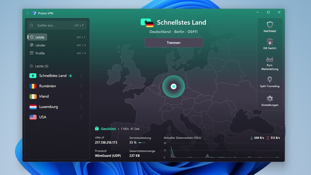 Wählen Sie "Schnellstes Land" und Proton VPN übernimmt automatisch die Wahl der besten VPN-Verbindung, ausgehend von Ihrem Standort.