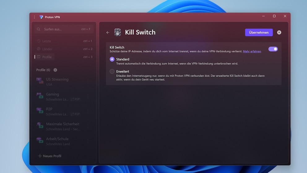 Beim Kill-Switch wählen Sie zwischen zwei Varianten. Die Standard-Konfiguration ist für die meisten Anwender ausreichend. Allerdings müssen Sie diese Funktion selbst aktivieren.