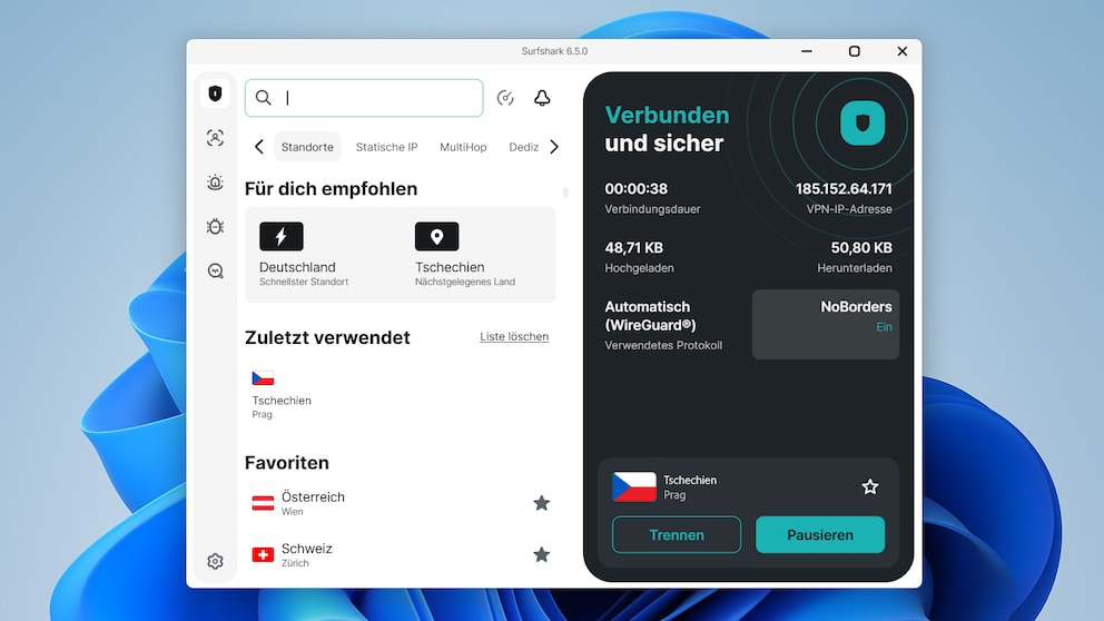 Die Nutzeroberfläche von Surfshark gibt keine Rätsel auf. Wichtige Funktionen lassen sich schnell erreichen und Statusinformationen direkt ablesen.