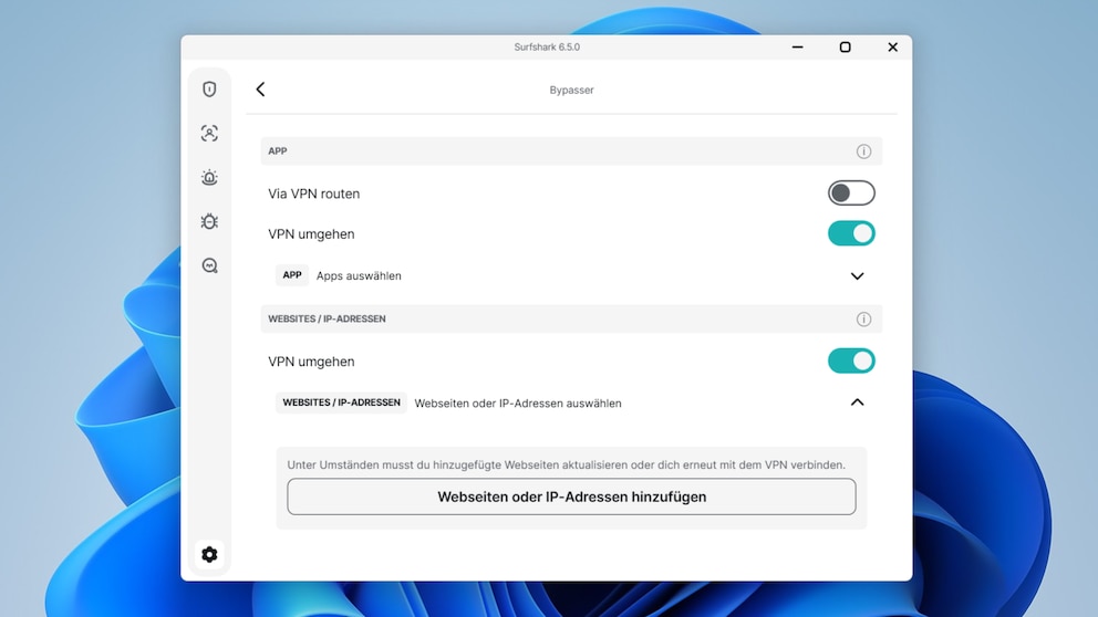 Mit der Split-Tunneling-Funktion, die bei Surfshark "Bypasser" heißt, lässt sich wahlweise einstellen, ob und welche Apps oder Websites vom VPN geschützt werden.