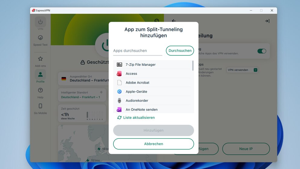 Mit der Split-Tunneling-Funktion legen Sie bei ExpressVPN fest, welche Programme über den VPN-Tunnel laufen und welche nicht.